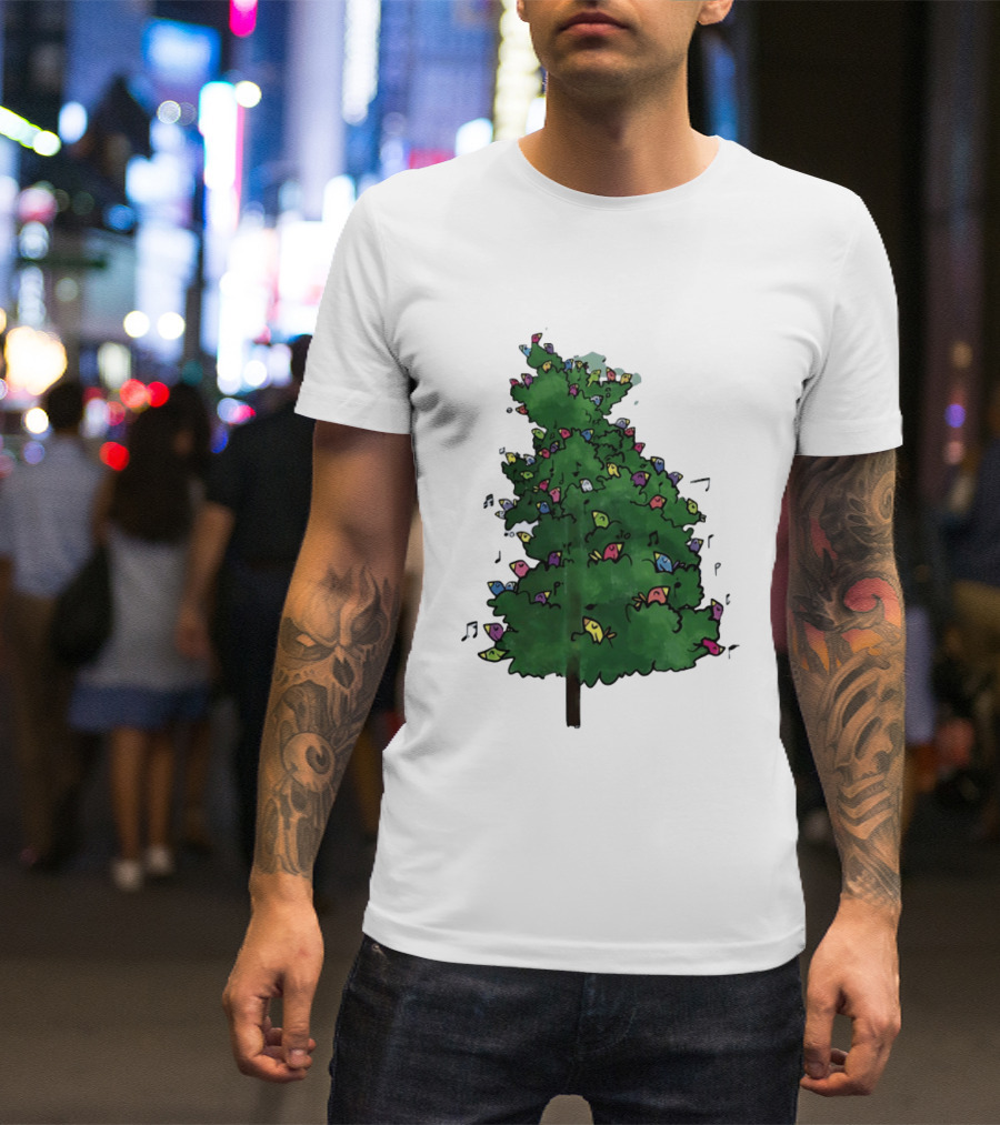 Colorful Singing Birds In Evergreen Tree With Musical Notes T-Shirt