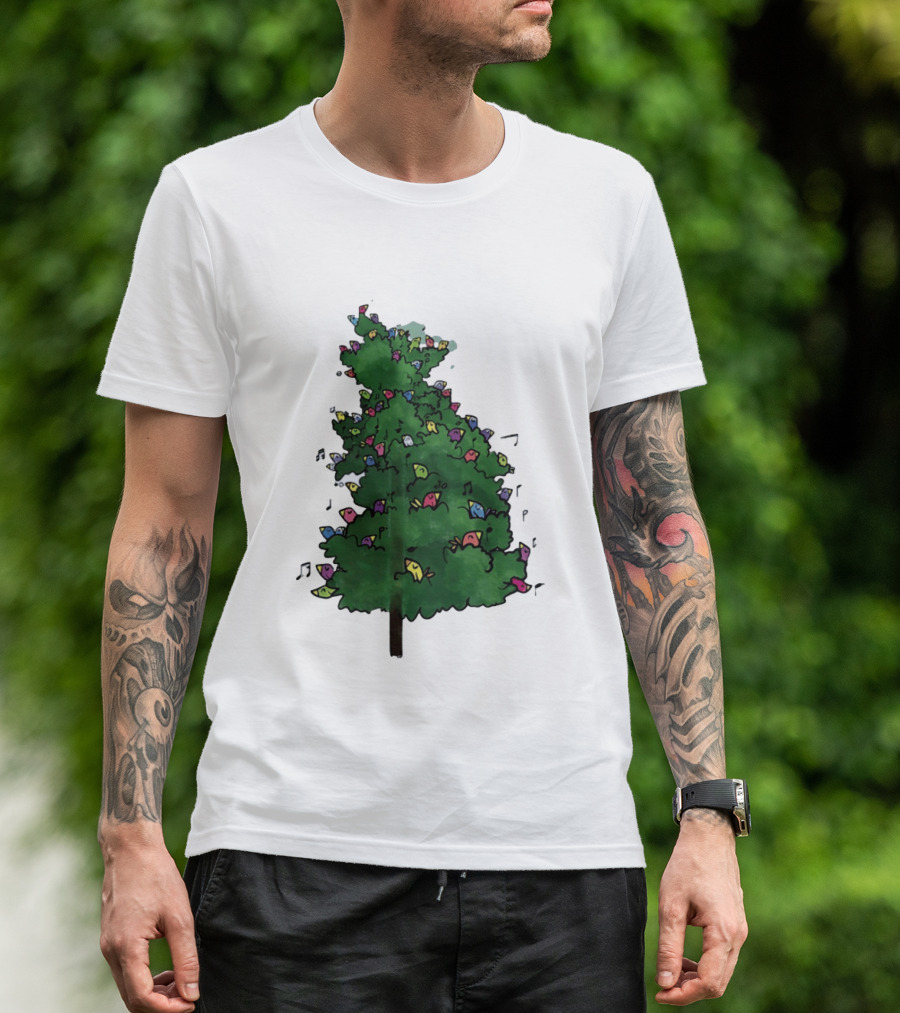 Colorful Singing Birds In Evergreen Tree With Musical Notes T-Shirt