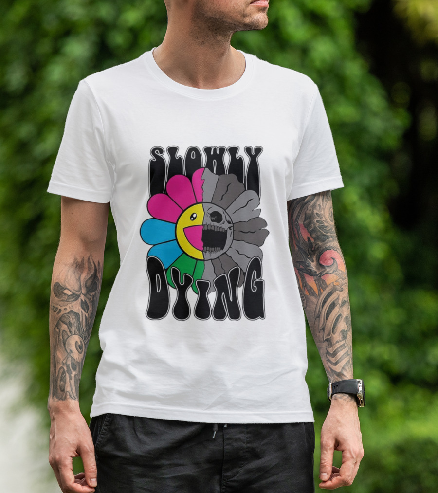 Slowly Dying Colorful Flower Skull Dark Half Happy Half Grim T-Shirt