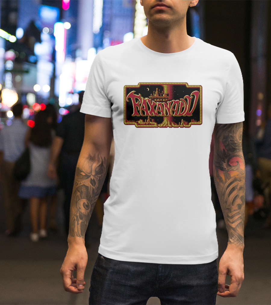 Faxanadu Retro NES Game Pixel Art Castle Moon Night Scene T-Shirt