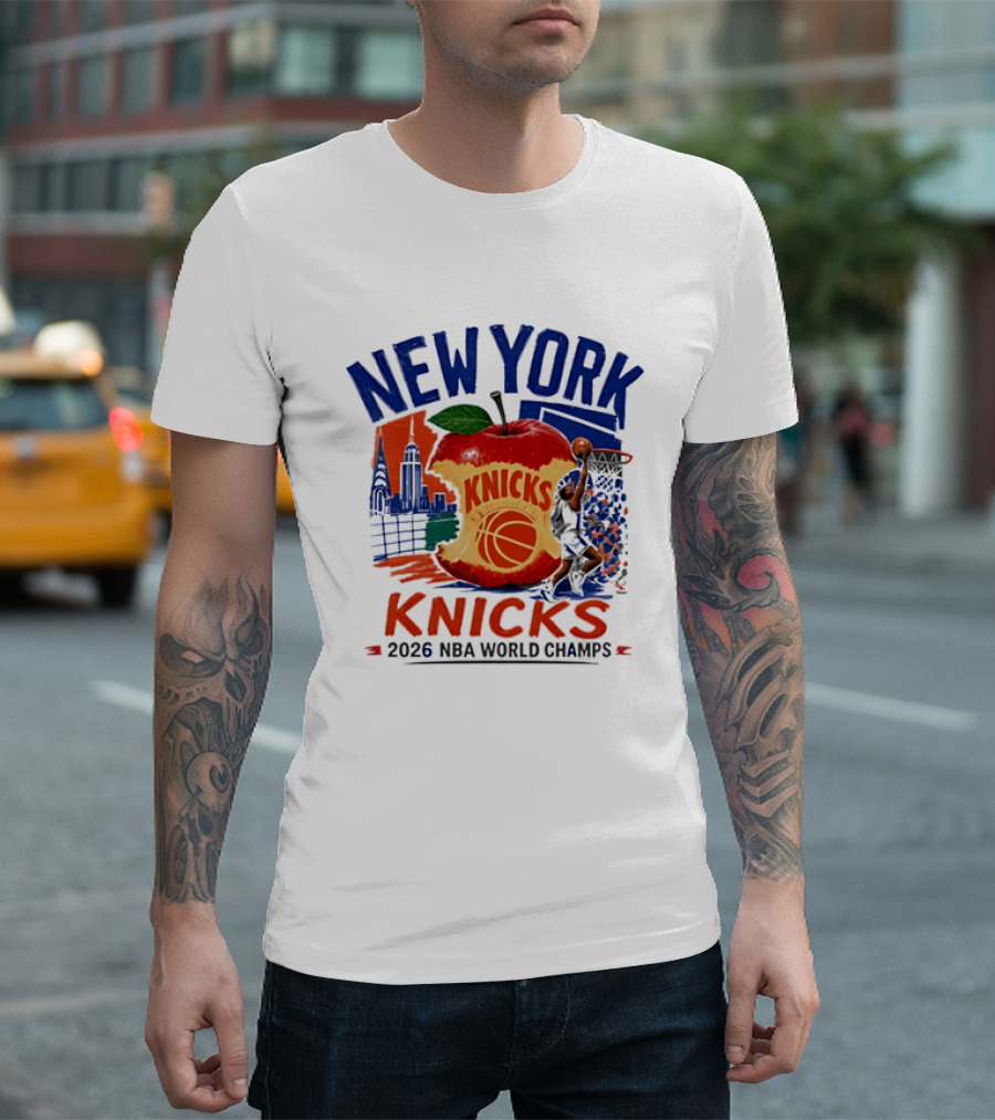 New York Knicks 2026 NBA World Champs Skyline Apple Basketball T-Shirt