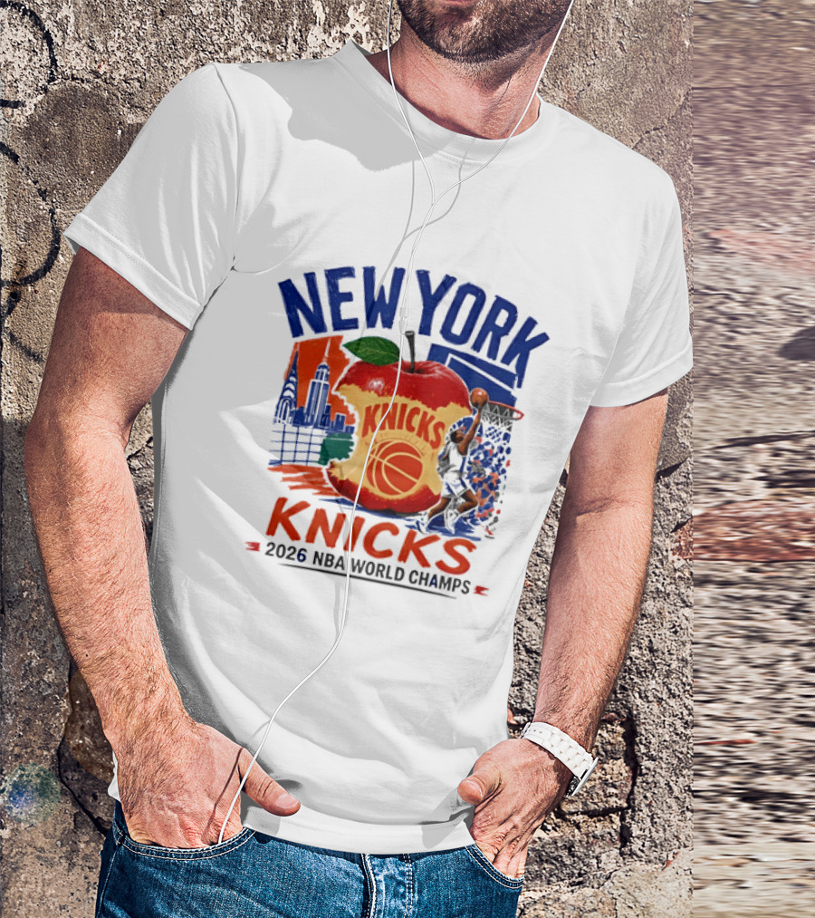 New York Knicks 2026 NBA World Champs Skyline Apple Basketball T-Shirt