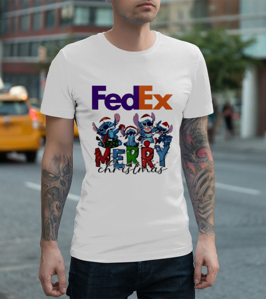 FedEx Stitch Merry Christmas 2025 Characters In Santa Hats T-Shirt