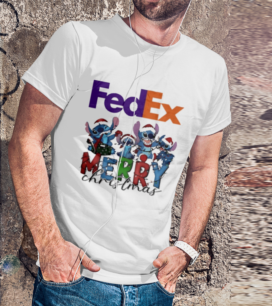 FedEx Stitch Merry Christmas 2025 Characters In Santa Hats T-Shirt