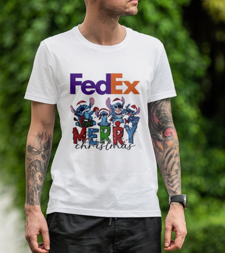 FedEx Stitch Merry Christmas 2025 Characters In Santa Hats T-Shirt