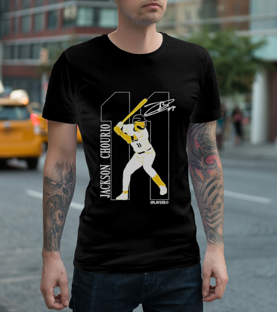 Jackson Chourio Brewers 11 Batting Pose Signature T-Shirt
