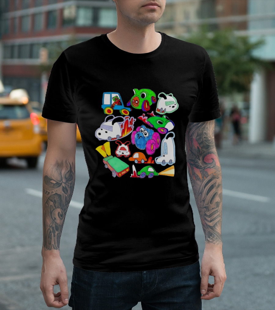 Colorful Cartoon Animal Toy Cars With Rocket Exhaust And Flames Racing Sketch T-Shirt