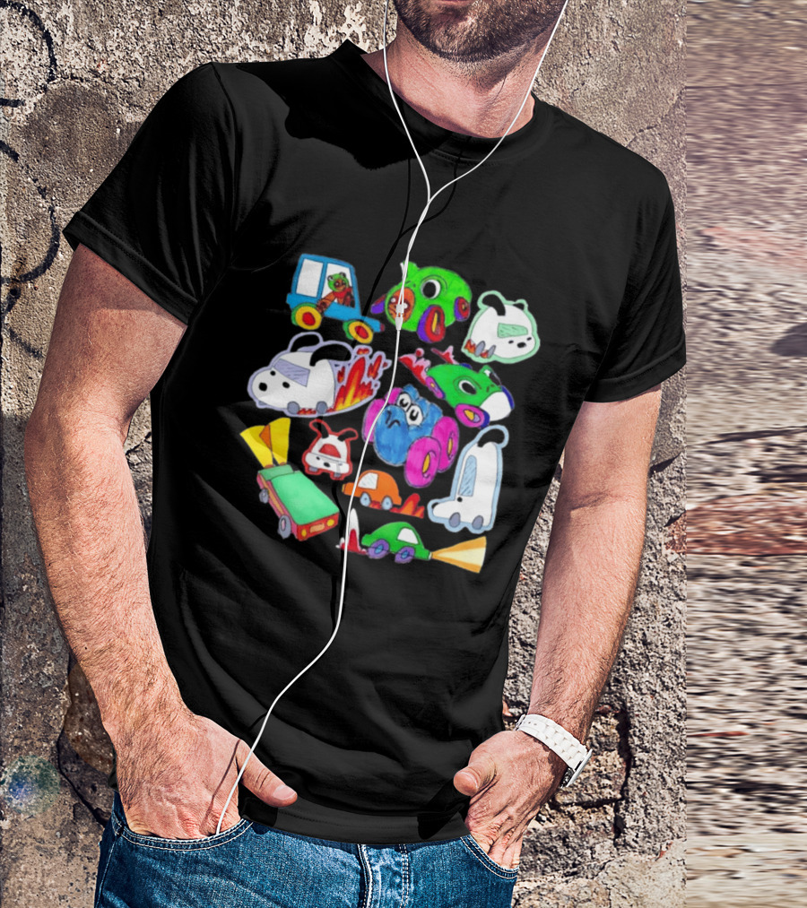 Colorful Cartoon Animal Toy Cars With Rocket Exhaust And Flames Racing Sketch T-Shirt
