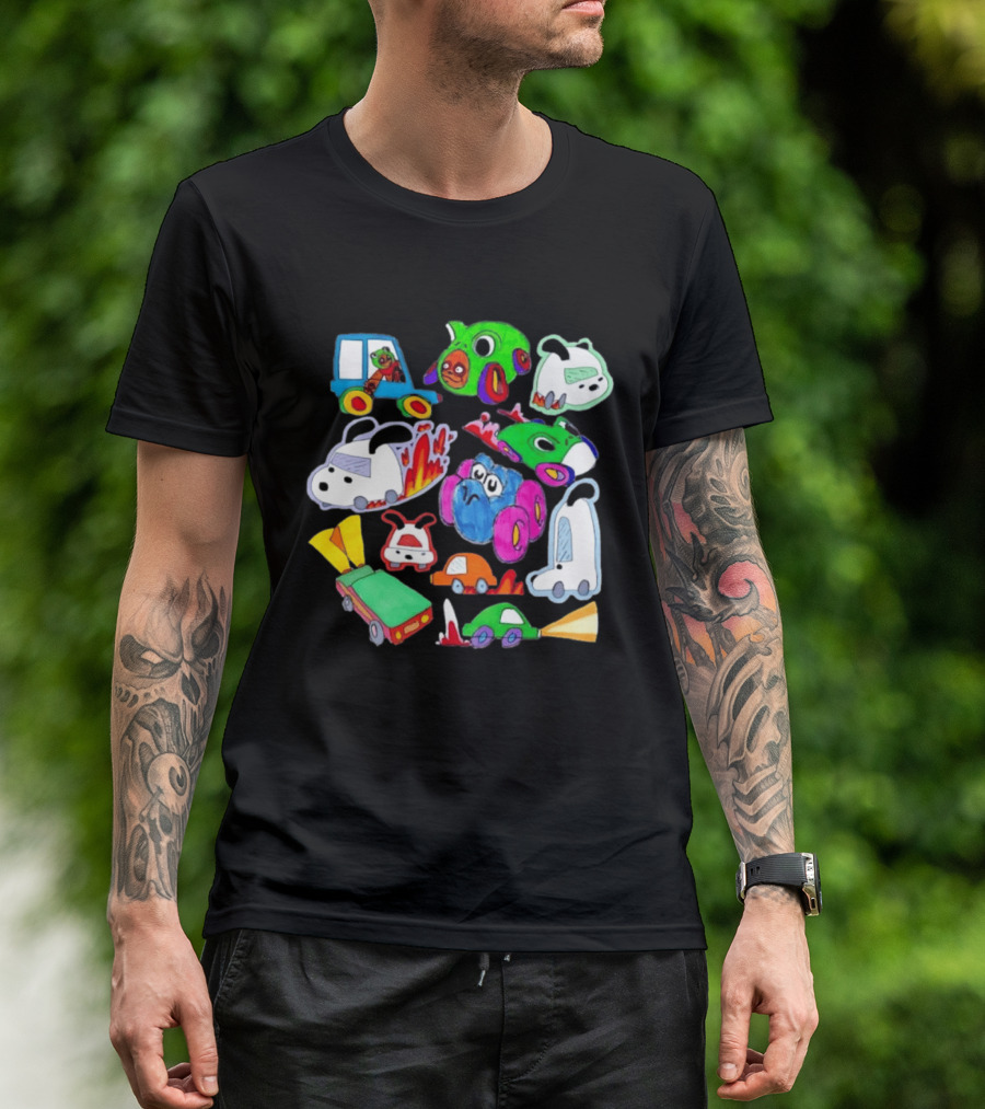 Colorful Cartoon Animal Toy Cars With Rocket Exhaust And Flames Racing Sketch T-Shirt
