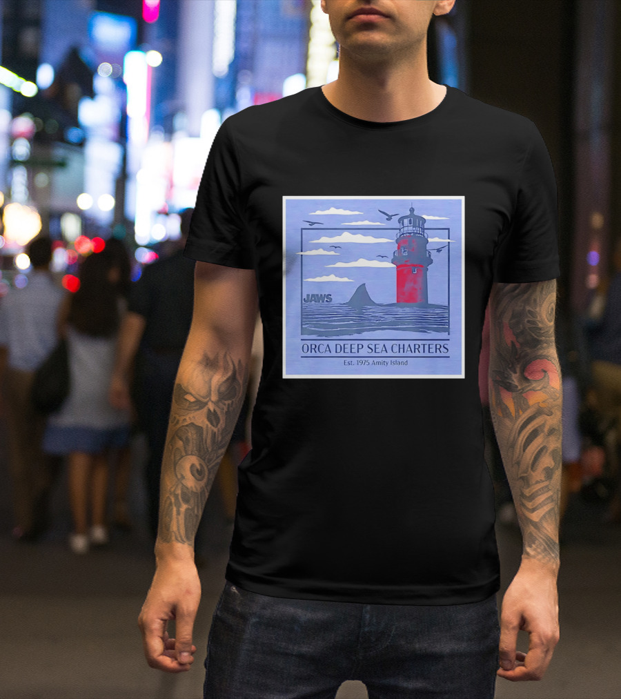 Jaws Orca Deep Sea Charters 1975 Amity Island Lighthouse Ocean Adventure T-Shirt