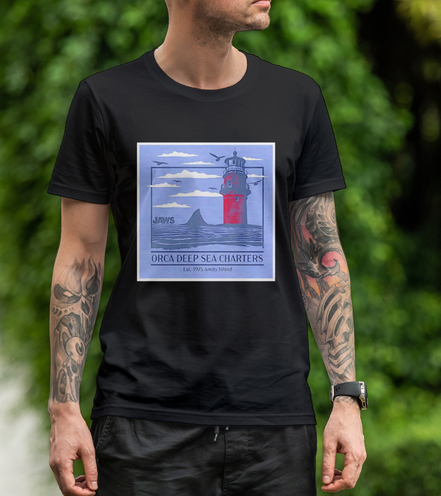 Jaws Orca Deep Sea Charters 1975 Amity Island Lighthouse Ocean Adventure T-Shirt