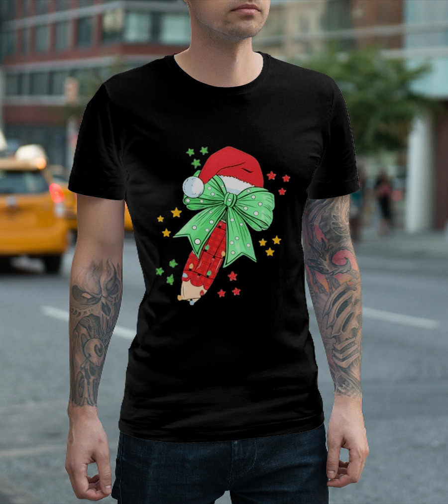 Christmas Elf Pen Candy Cane With Green Bow And Santa Hat T-Shirt