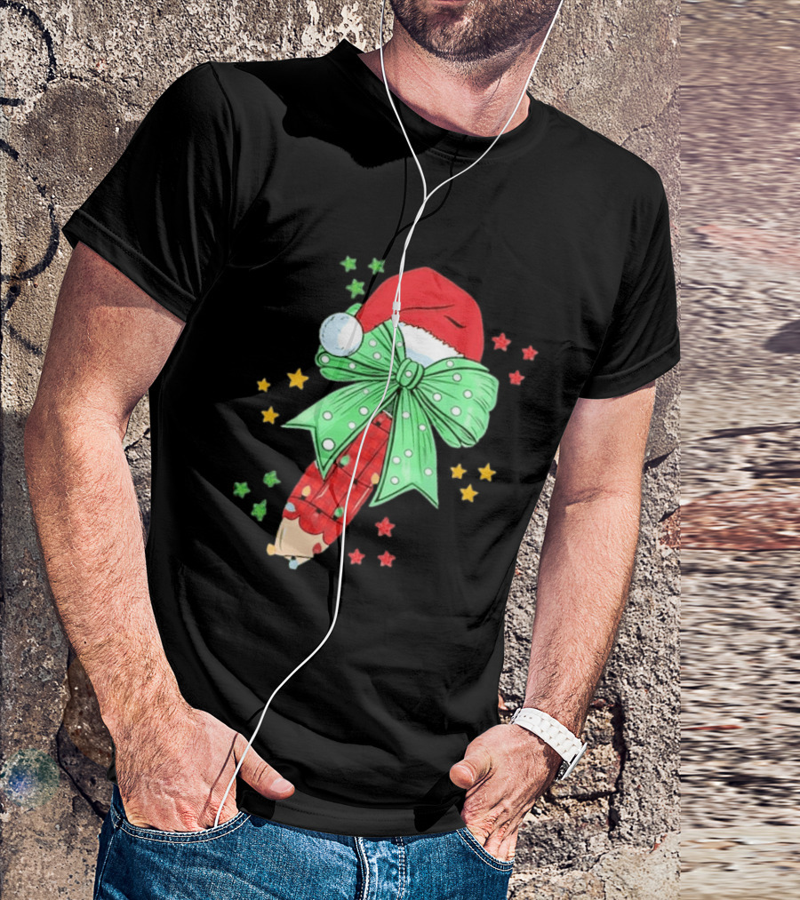 Christmas Elf Pen Candy Cane With Green Bow And Santa Hat T-Shirt