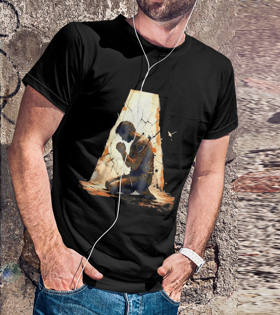 Man Kneeling In Prayer Spiritual Faith Devotion Cracked Wall And Light T-Shirt