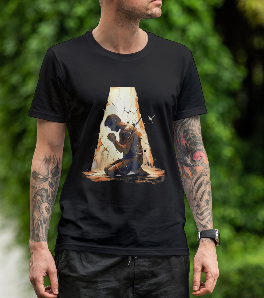 Man Kneeling In Prayer Spiritual Faith Devotion Cracked Wall And Light T-Shirt
