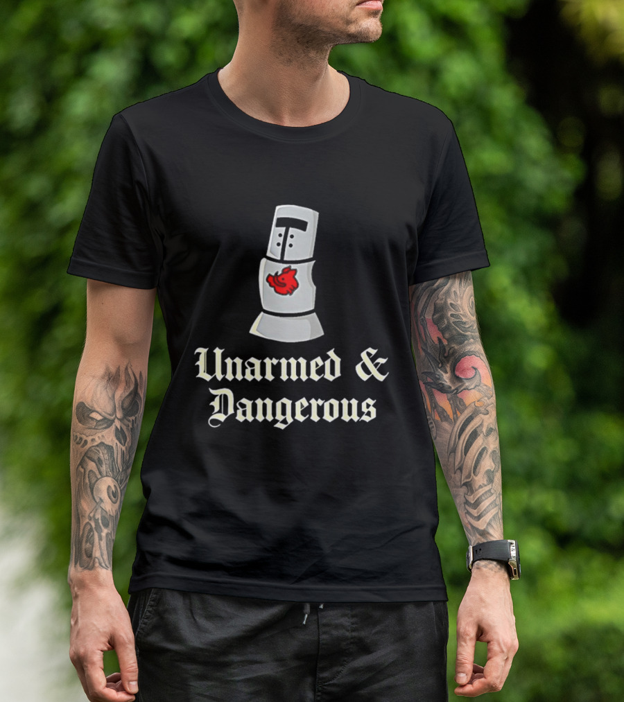 Unarmed And Dangerous Classic Medieval Helmet With Red Mark T-Shirt