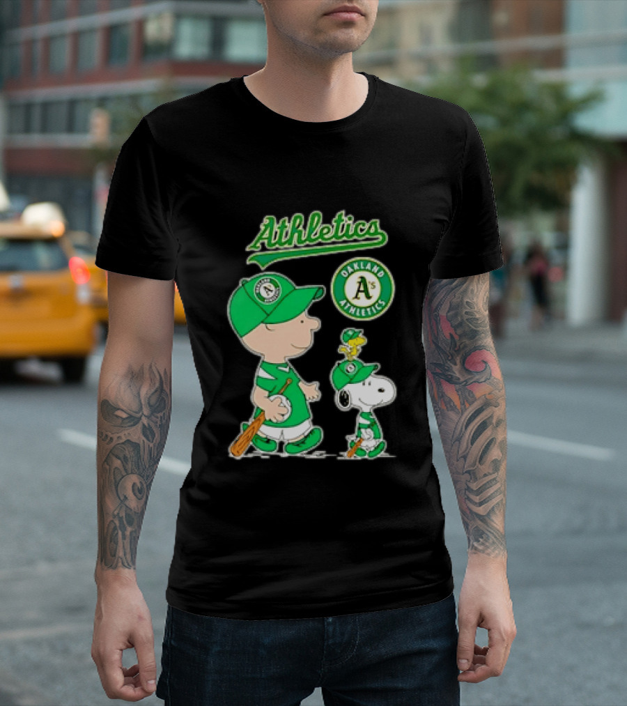 Oakland Athletics MLB Charlie Brown Snoopy Woodstock Baseball Peanuts Characters T-Shirt