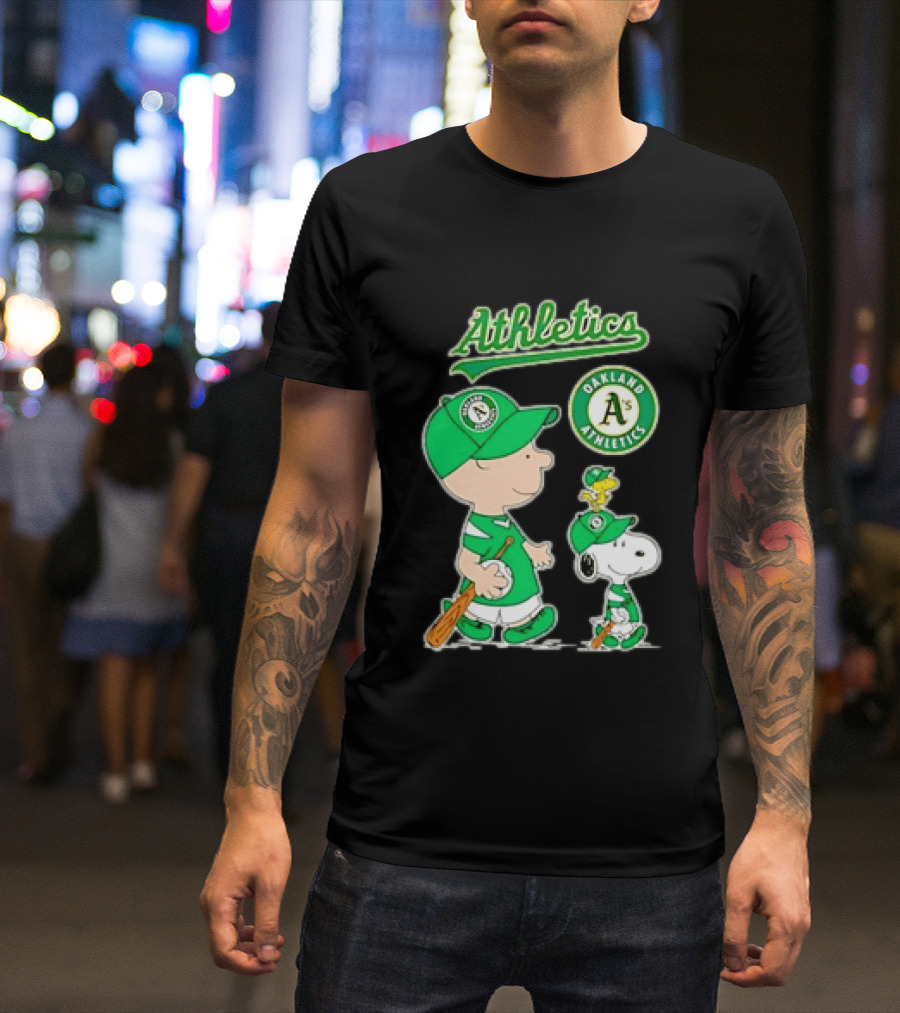 Oakland Athletics MLB Charlie Brown Snoopy Woodstock Baseball Peanuts Characters T-Shirt