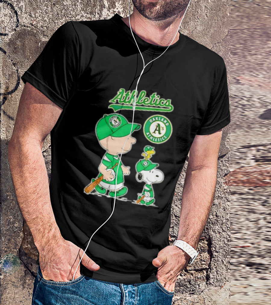 Oakland Athletics MLB Charlie Brown Snoopy Woodstock Baseball Peanuts Characters T-Shirt