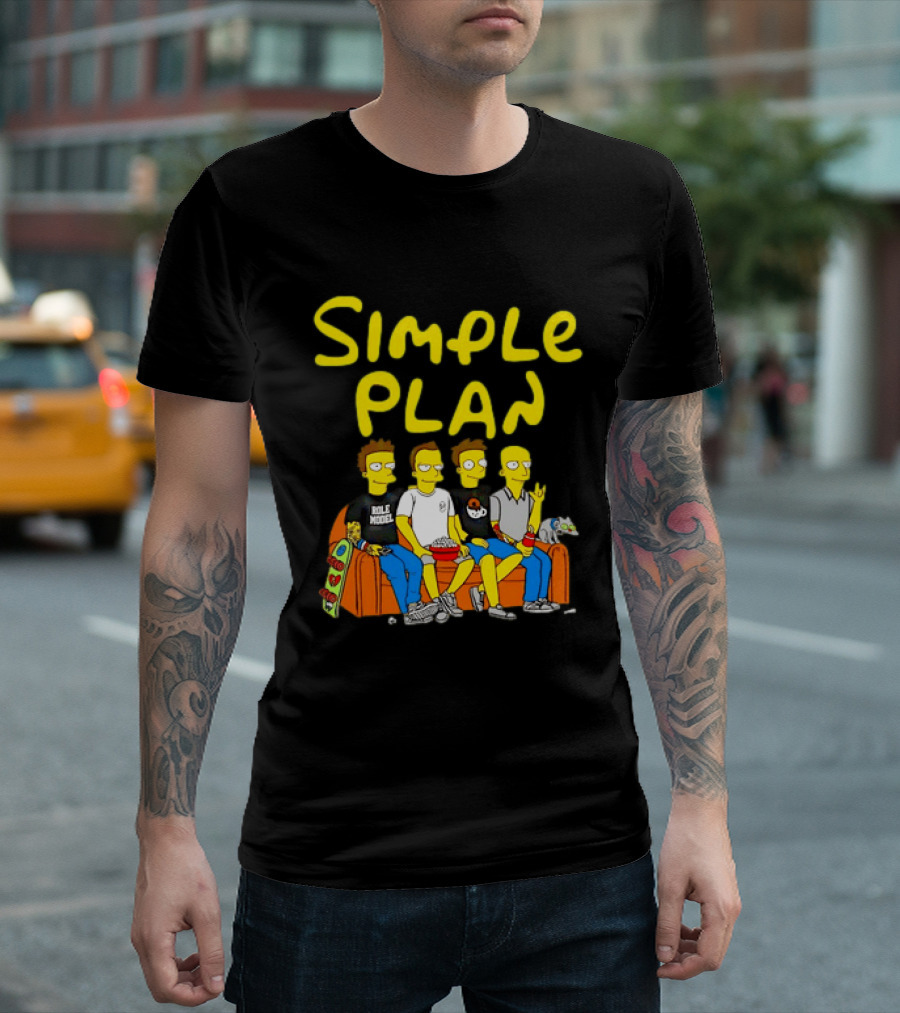 Simple Plan Band Members Cartoon Style On Couch T-Shirt
