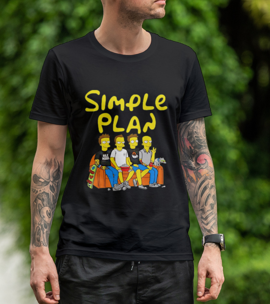 Simple Plan Band Members Cartoon Style On Couch T-Shirt