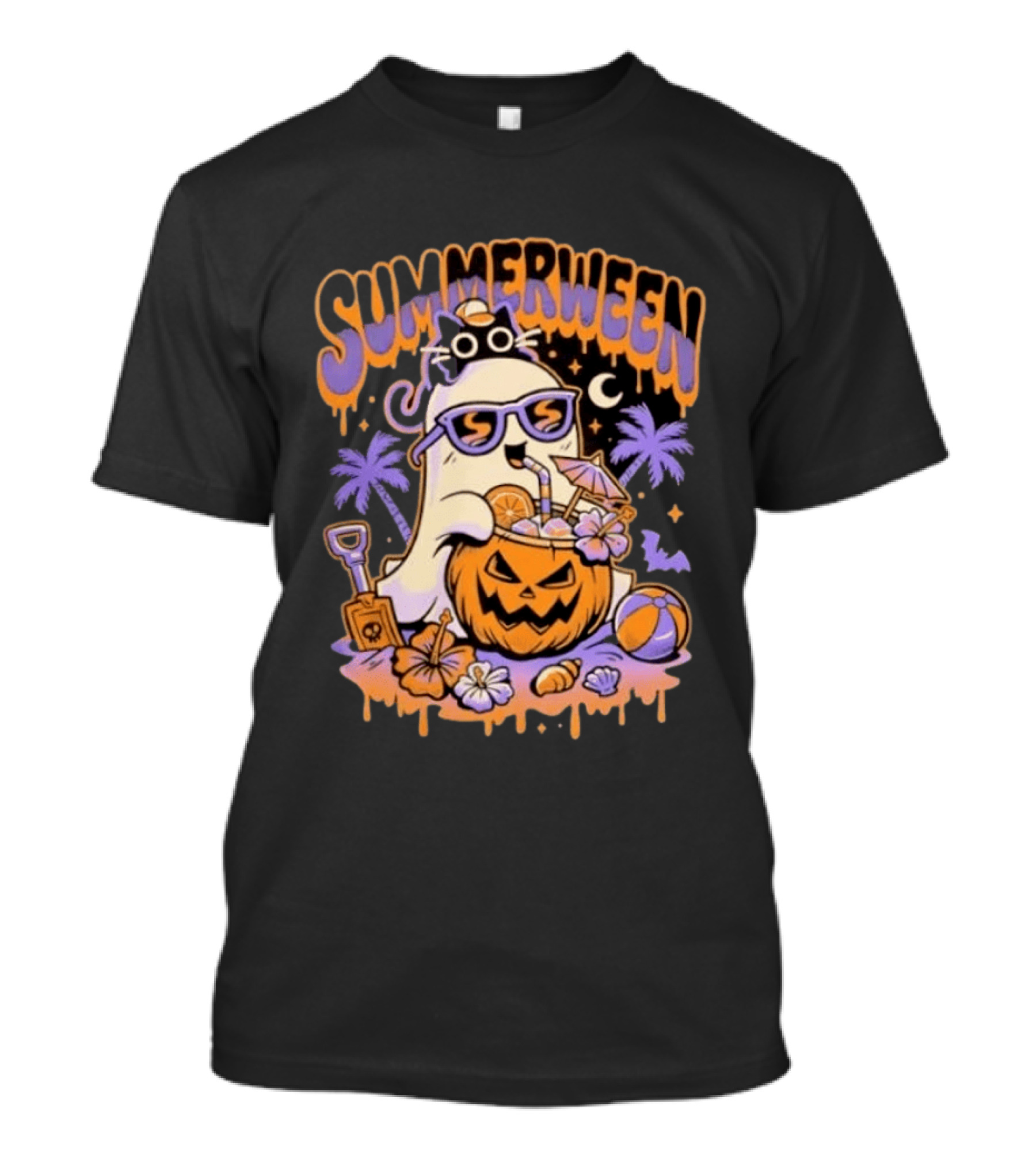 Summerween Cartoon Ghost Sunglasses Drinking Pumpkin Beach Vibes T-Shirt