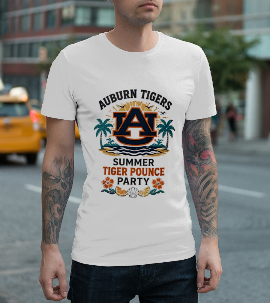 Auburn Tigers Summer Tiger Pounce Party Tropical Beach Scene T-Shirt