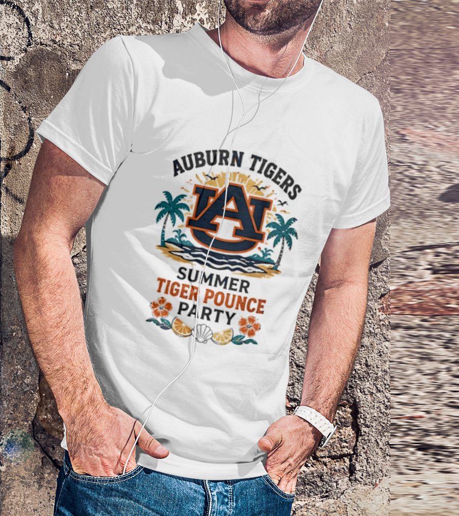 Auburn Tigers Summer Tiger Pounce Party Tropical Beach Scene T-Shirt