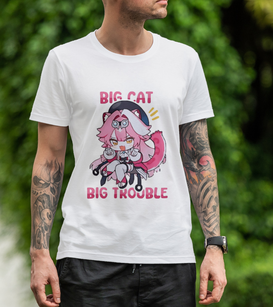 Big Cat Big Trouble Chibi Character With Pink Hair And Tail T-Shirt
