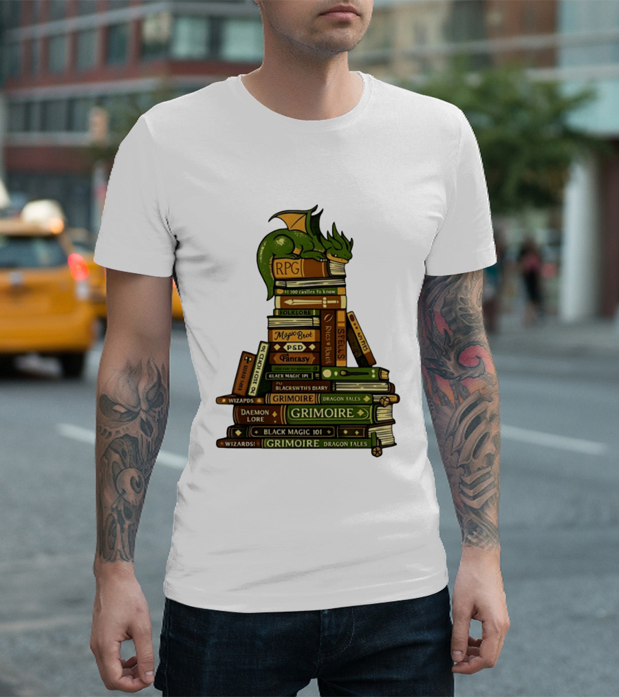 Dragon Resting On RPG Fantasy Grimoire Magic Books Stack T-Shirt