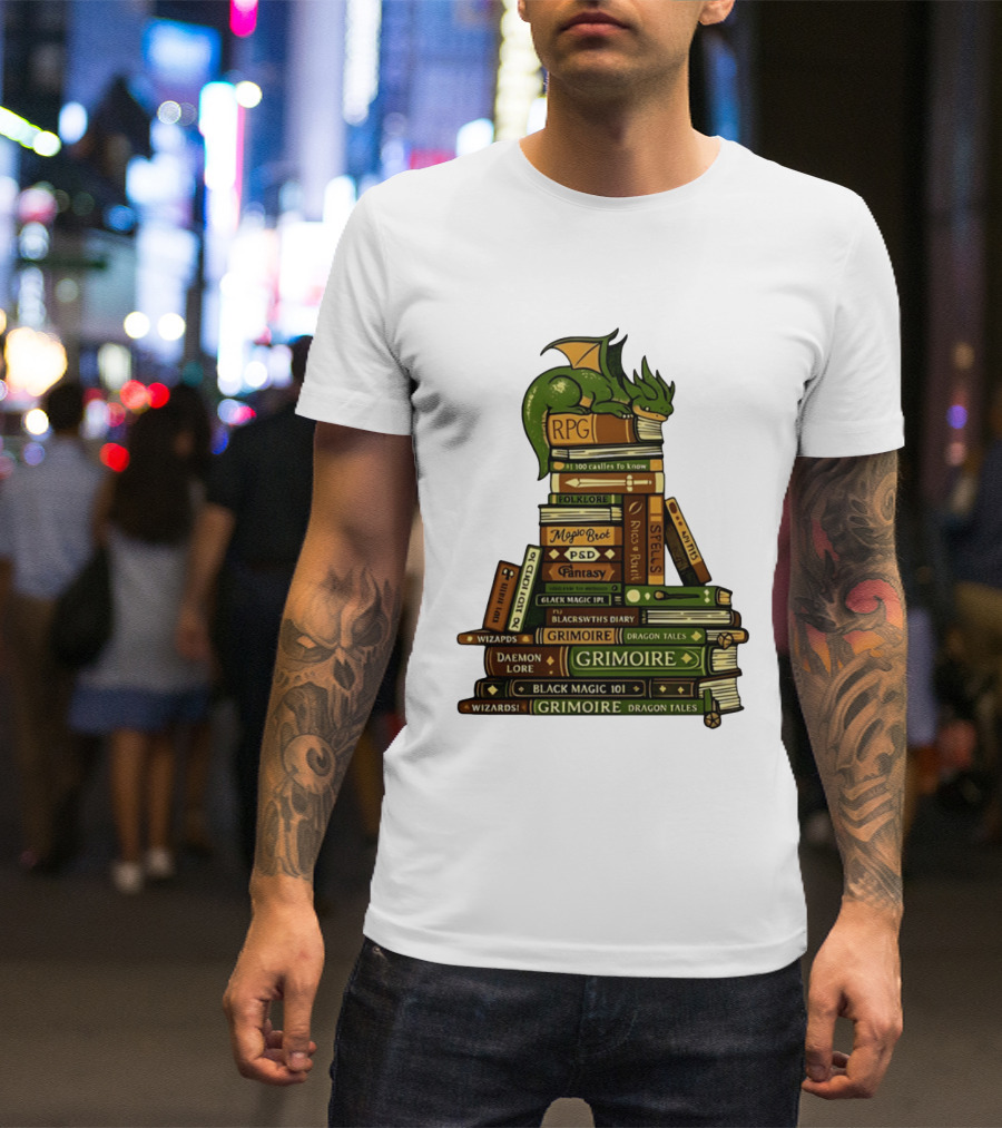 Dragon Resting On RPG Fantasy Grimoire Magic Books Stack T-Shirt