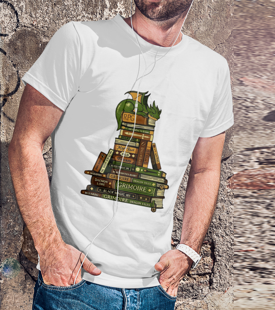 Dragon Resting On RPG Fantasy Grimoire Magic Books Stack T-Shirt