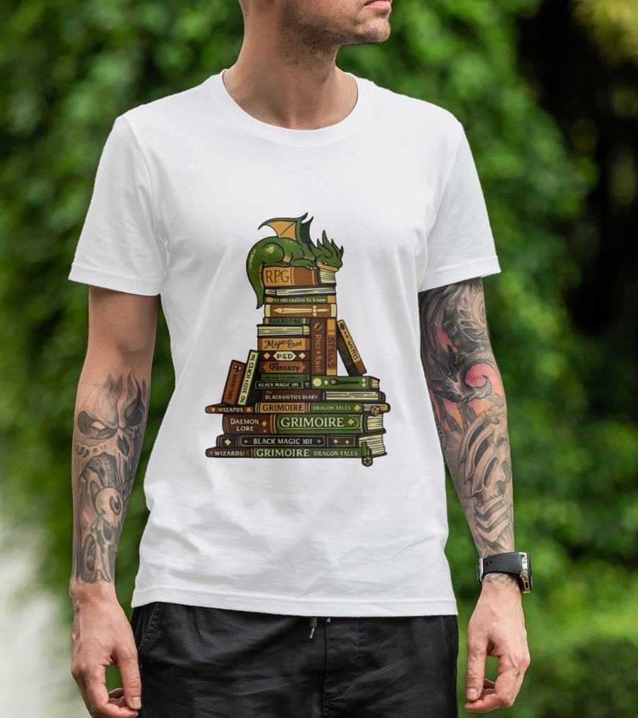 Dragon Resting On RPG Fantasy Grimoire Magic Books Stack T-Shirt