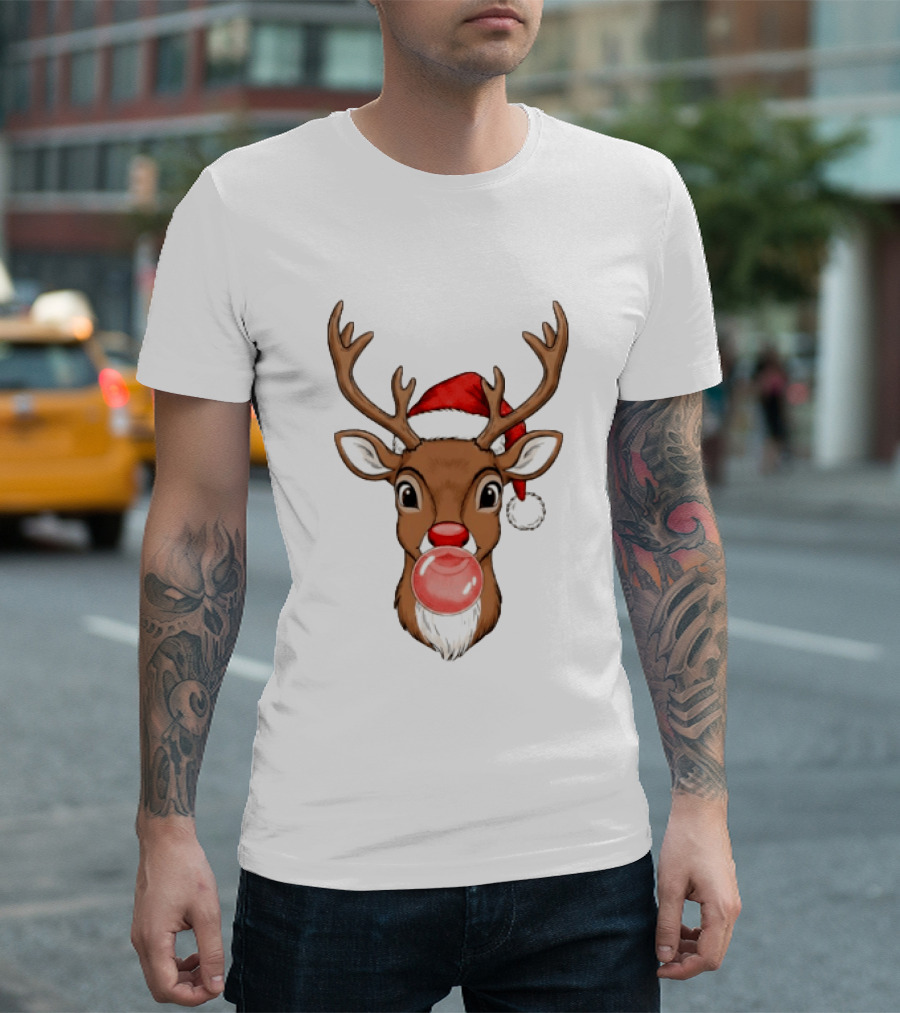 Merry Christmas Reindeer Santa Hat Bubble Gum Red Nose T-Shirt