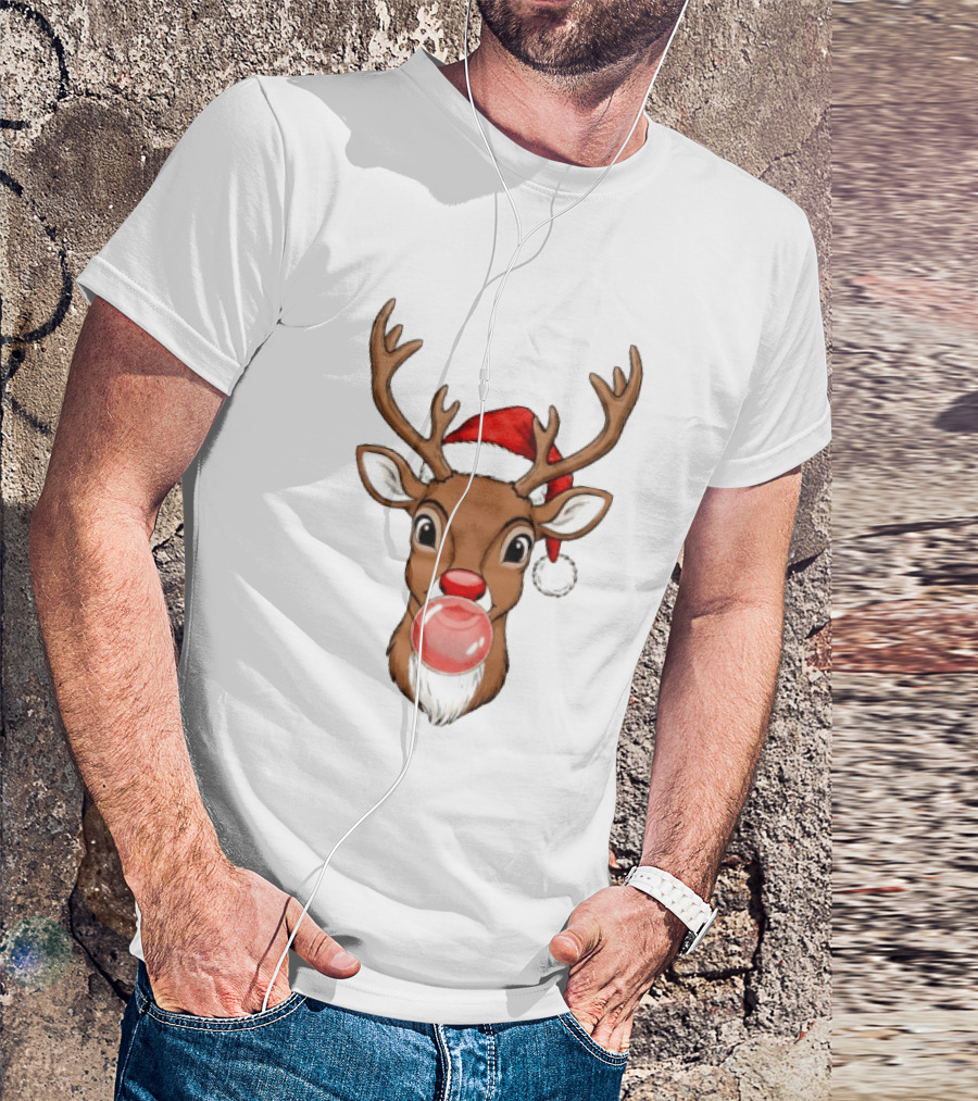 Merry Christmas Reindeer Santa Hat Bubble Gum Red Nose T-Shirt