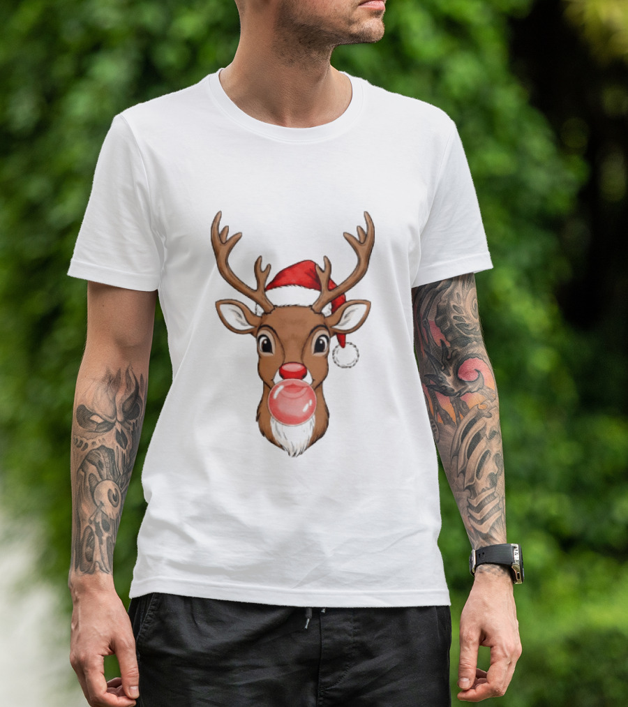Merry Christmas Reindeer Santa Hat Bubble Gum Red Nose T-Shirt