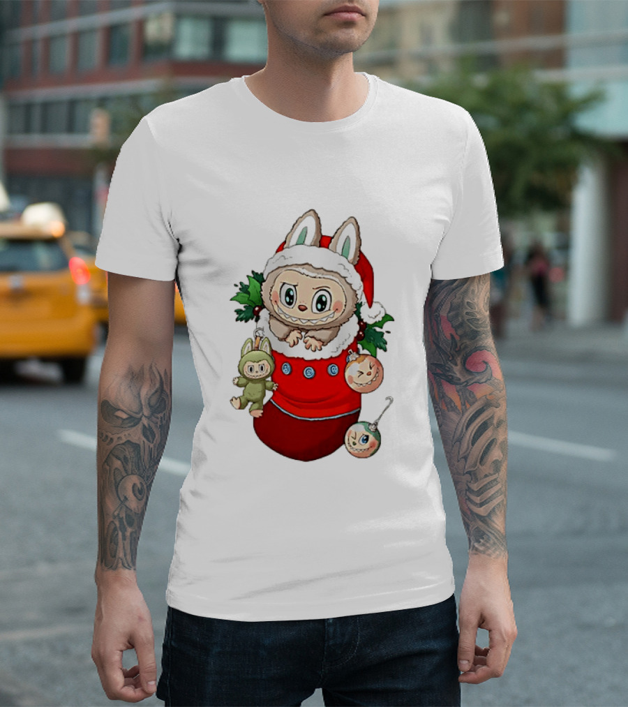 Stocking Stuffer Labubu Christmas Santa Hat Holly Ornaments T-Shirt