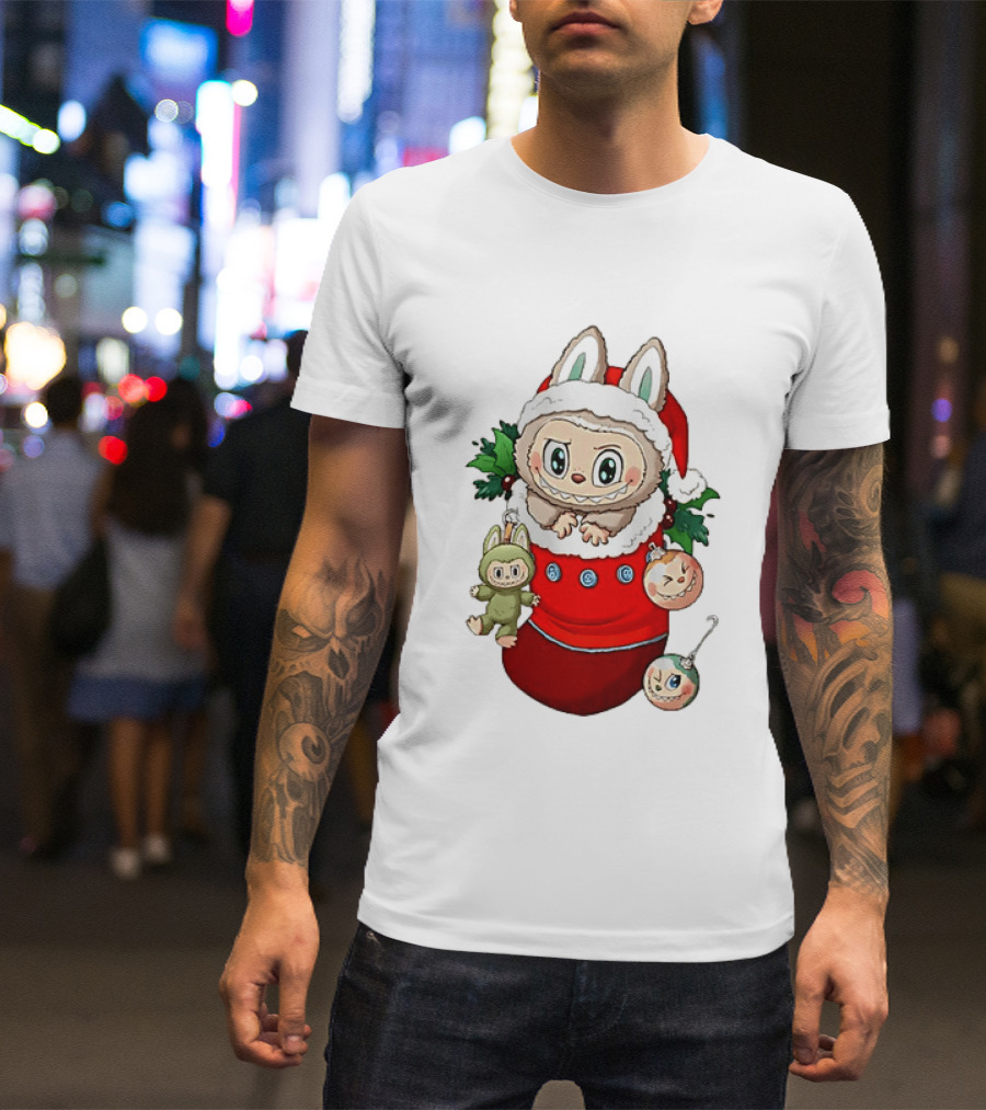 Stocking Stuffer Labubu Christmas Santa Hat Holly Ornaments T-Shirt