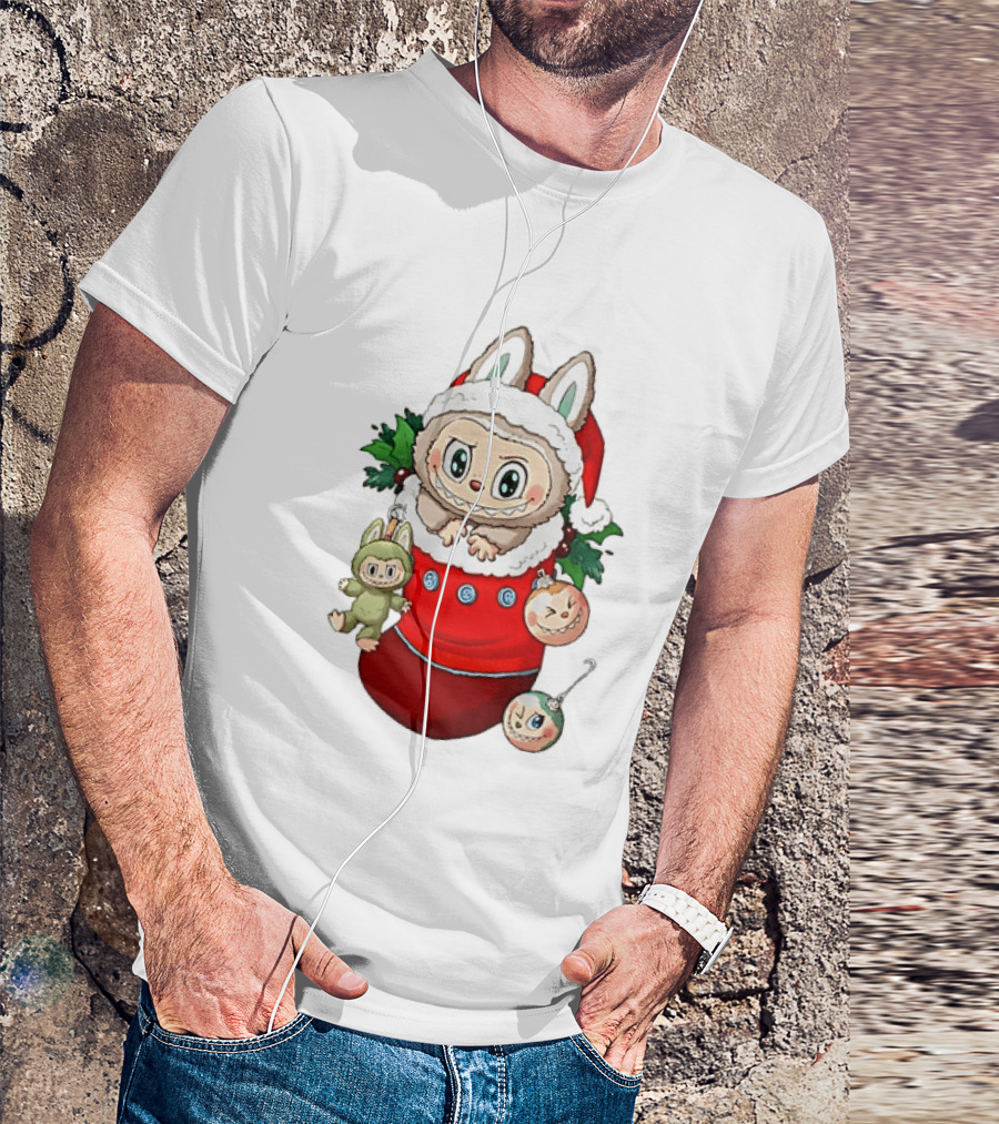Stocking Stuffer Labubu Christmas Santa Hat Holly Ornaments T-Shirt