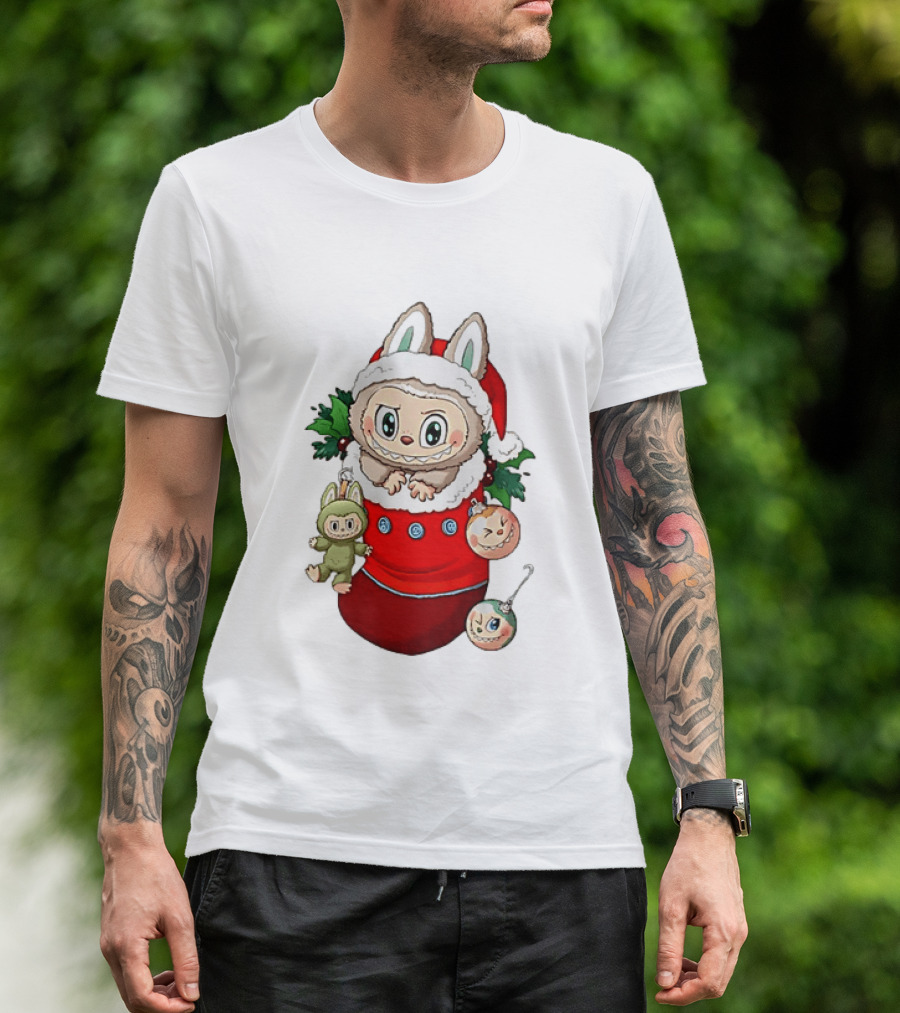 Stocking Stuffer Labubu Christmas Santa Hat Holly Ornaments T-Shirt