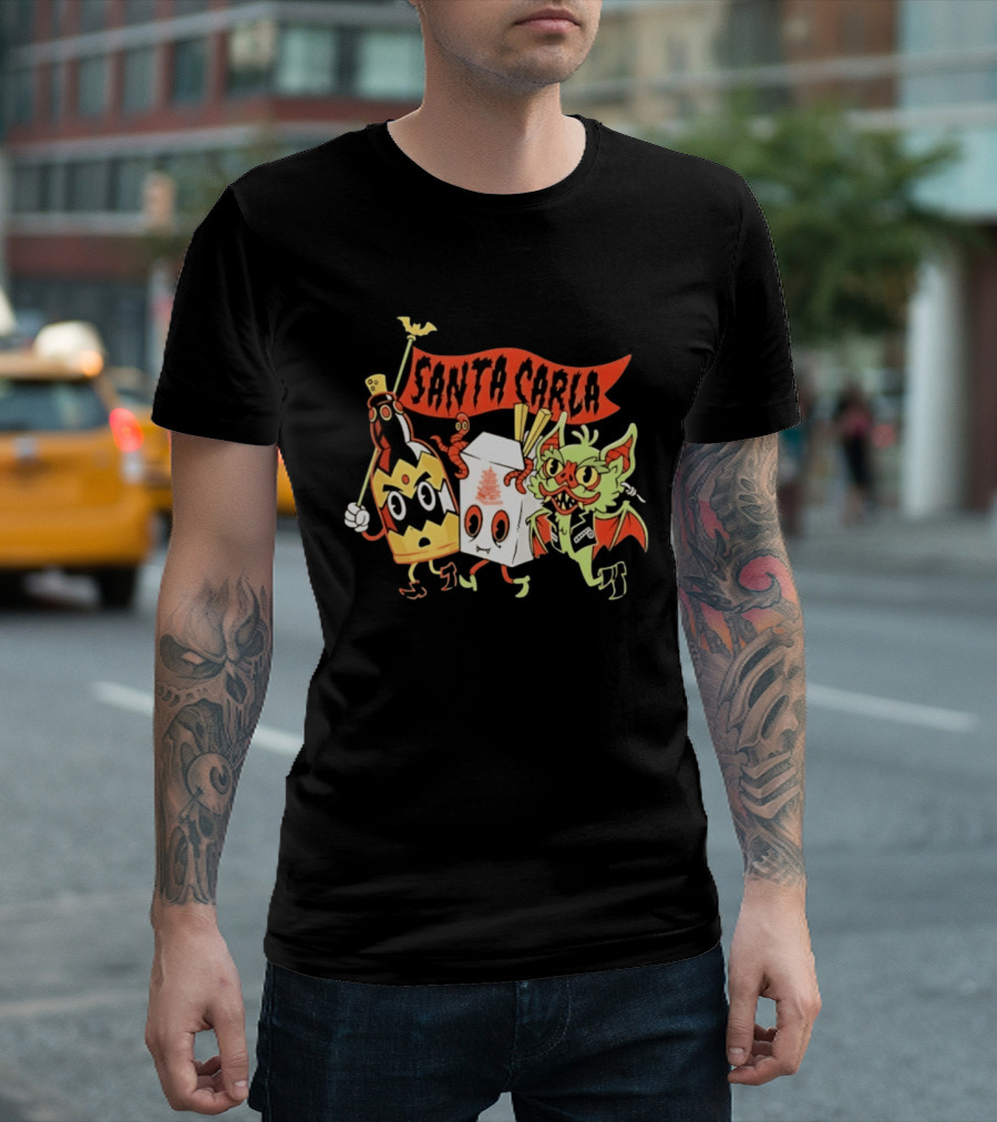 Santa Carla Cartoon Vampire Characters And Food Box With Flag T-Shirt