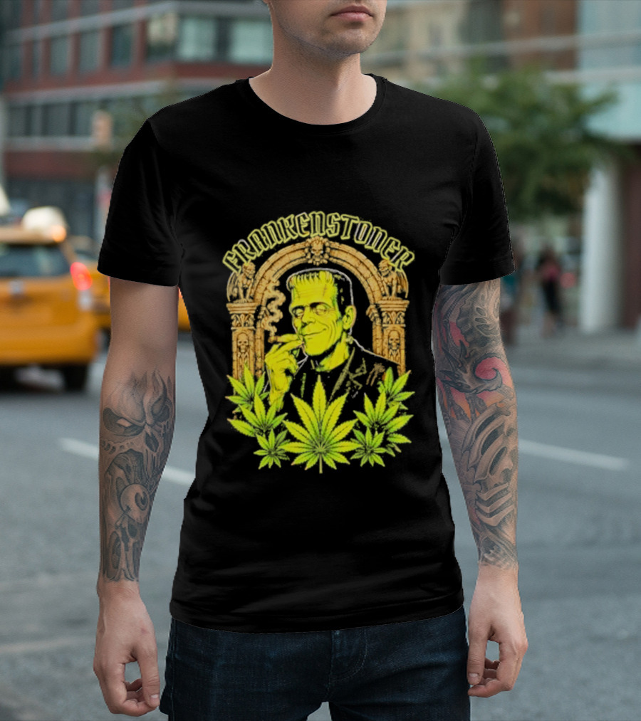 Frankenstoner Frankenstein Marijuana Smoking Arch Skulls T-Shirt