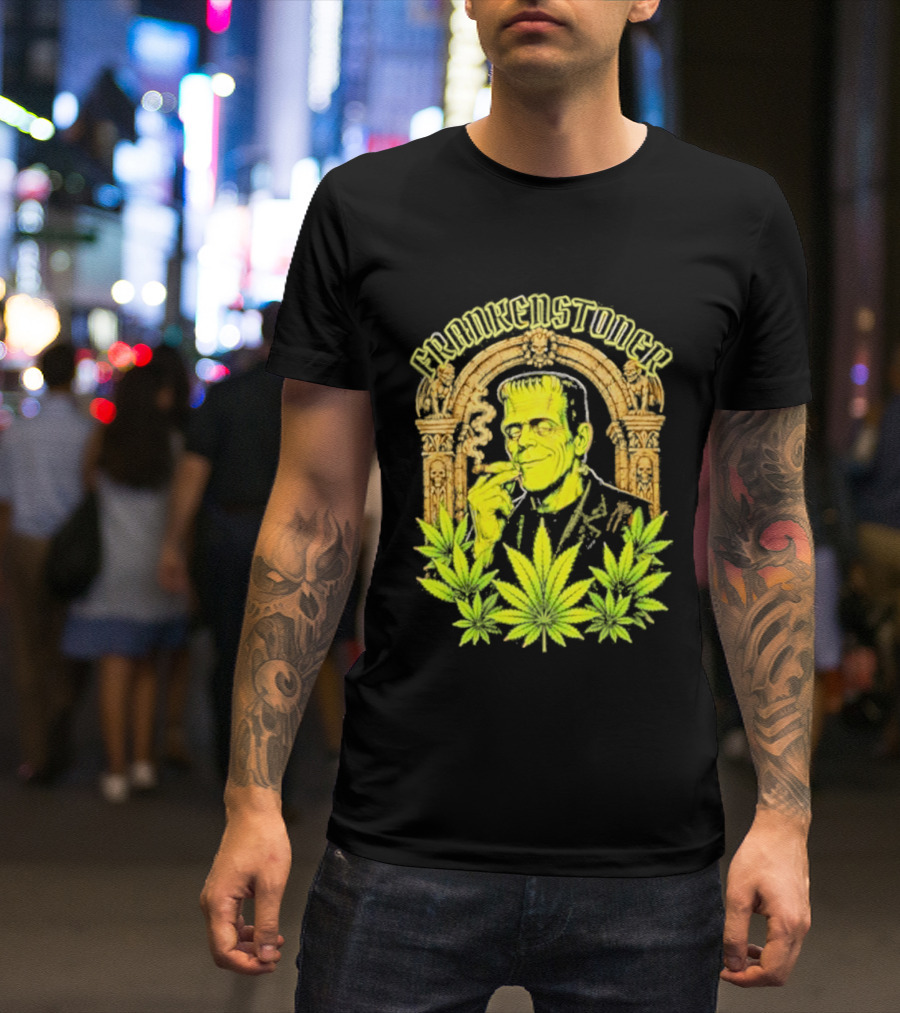 Frankenstoner Frankenstein Marijuana Smoking Arch Skulls T-Shirt