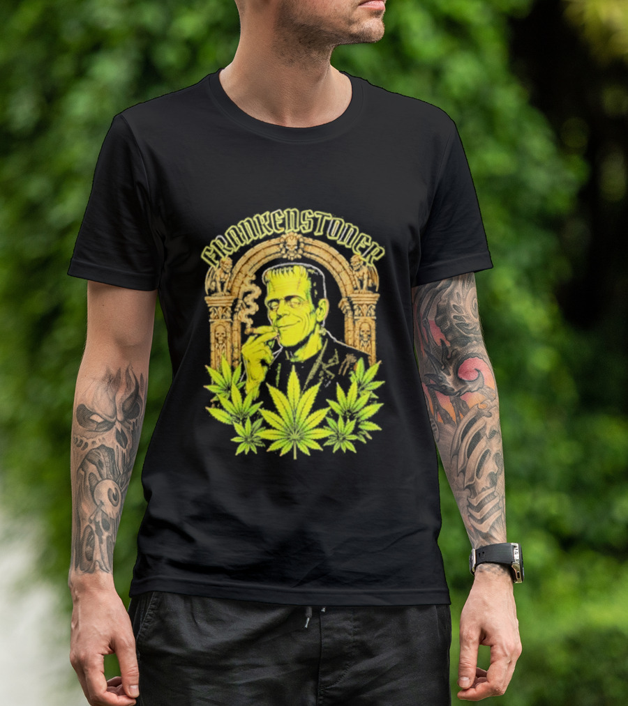 Frankenstoner Frankenstein Marijuana Smoking Arch Skulls T-Shirt