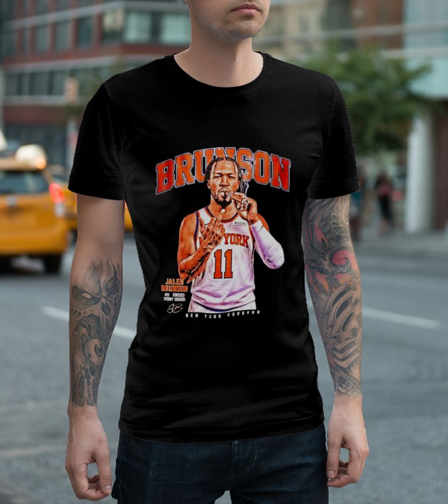 Jalen Brunson Middle Finger New York Knicks NBA Point Guard Brunson 11 Old Yolk Records Knicks T-Shirt