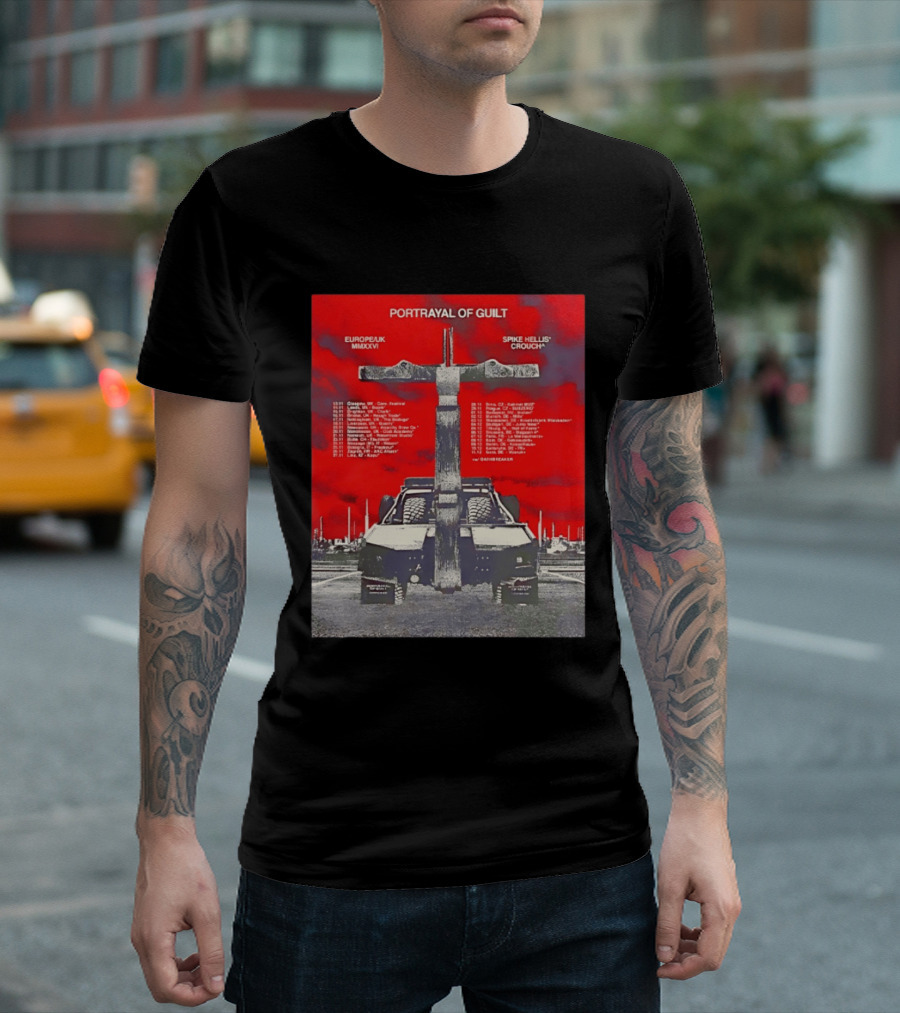 Portrayal Of Guilt Europe UK MMXXVI Spike Hellis Crouch Oathbreaker Tour Dates Tire Tracks Industrial Red T-Shirt