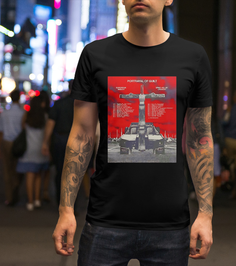 Portrayal Of Guilt Europe UK MMXXVI Spike Hellis Crouch Oathbreaker Tour Dates Tire Tracks Industrial Red T-Shirt