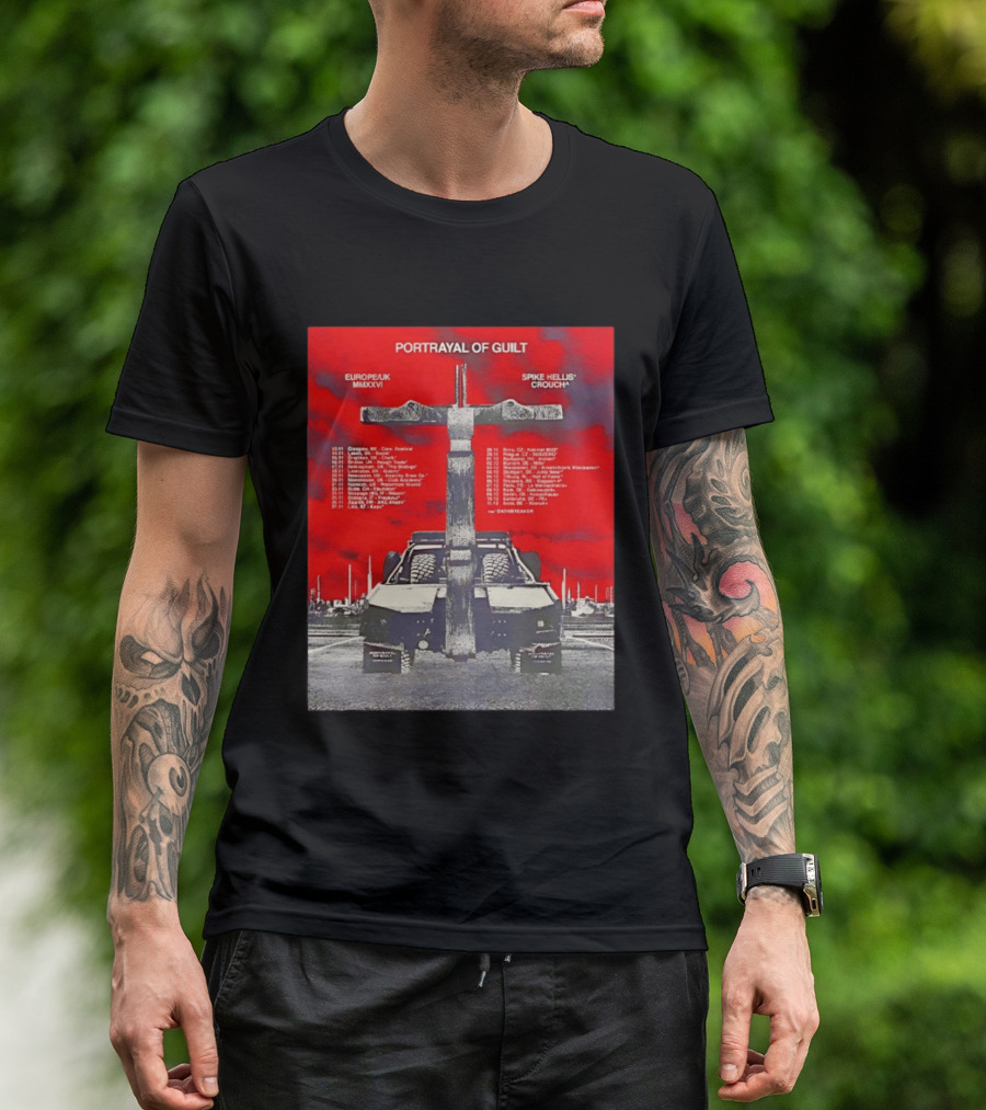 Portrayal Of Guilt Europe UK MMXXVI Spike Hellis Crouch Oathbreaker Tour Dates Tire Tracks Industrial Red T-Shirt