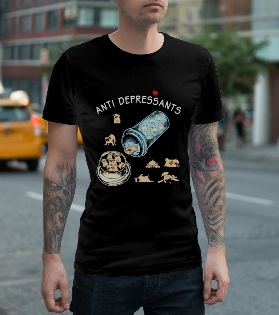 Anti Depressants Pug Puppies In Pill Bottle T-Shirt