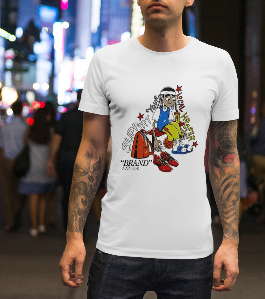 Support Your Local Hooper Cartoon Basketball Player Backpack Red Shoes Brand Est 2026 T-Shirt